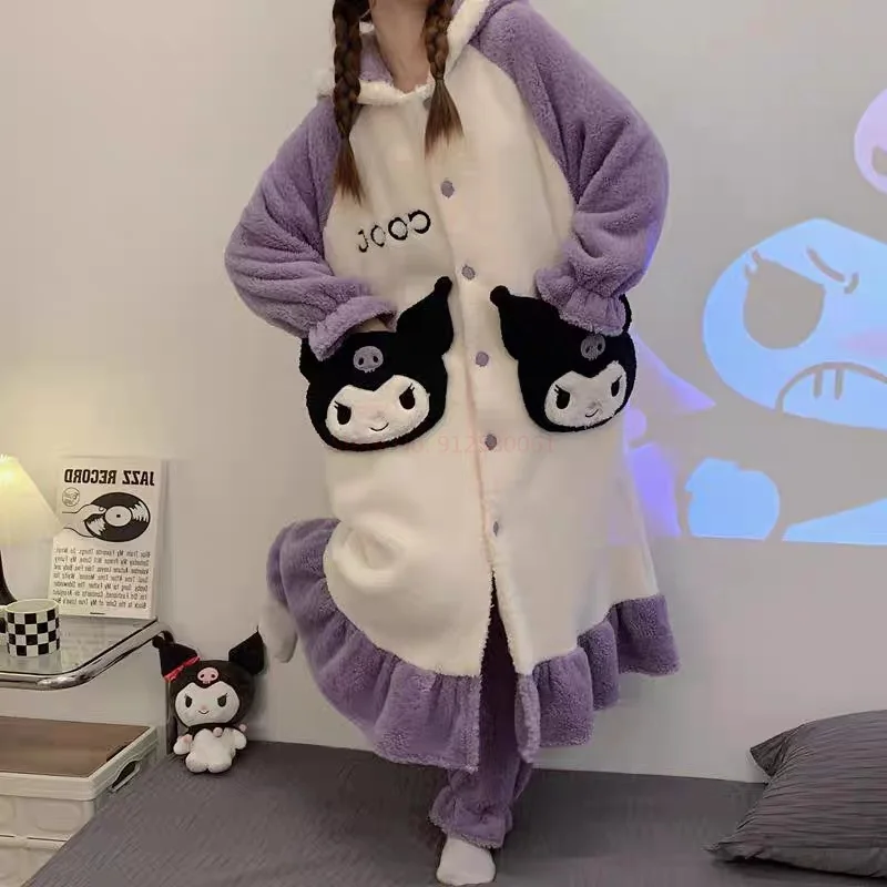 Sanrio Melody Kuromi Pajamas Y2k Plush Clothes 2 Piece Women Soft Flannel Pants Kawaii Home Black Coral Fleece Sleepwear Suit