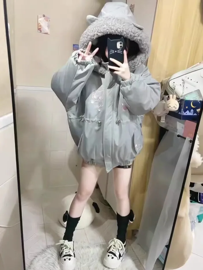 Japanese Girls Kawaii 2D Cute Embroidered Hooded Down Parka Winter New 2025 Subculture Y2K Warm Thickened Short Parka Coat