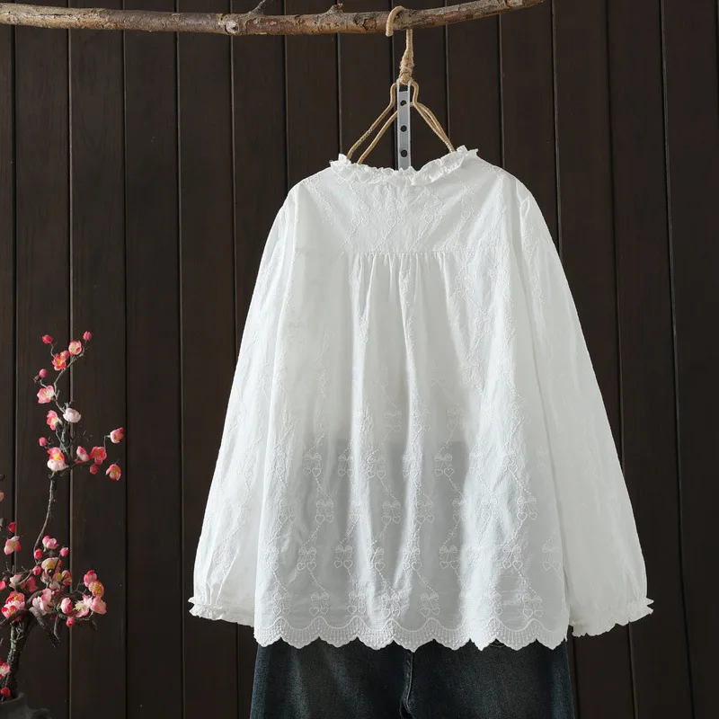 [สินค้าพร้อมส่ง] เสื้อผู้หญิงคุณภาพสูง ผ้าฝ้ายแท้ 100% เสื้อเชิ้ตคอตั้ง แต่งลูกไม้ ปักลายแจ็คการ์ด เสื้อคลุมคาร์ดิแกน