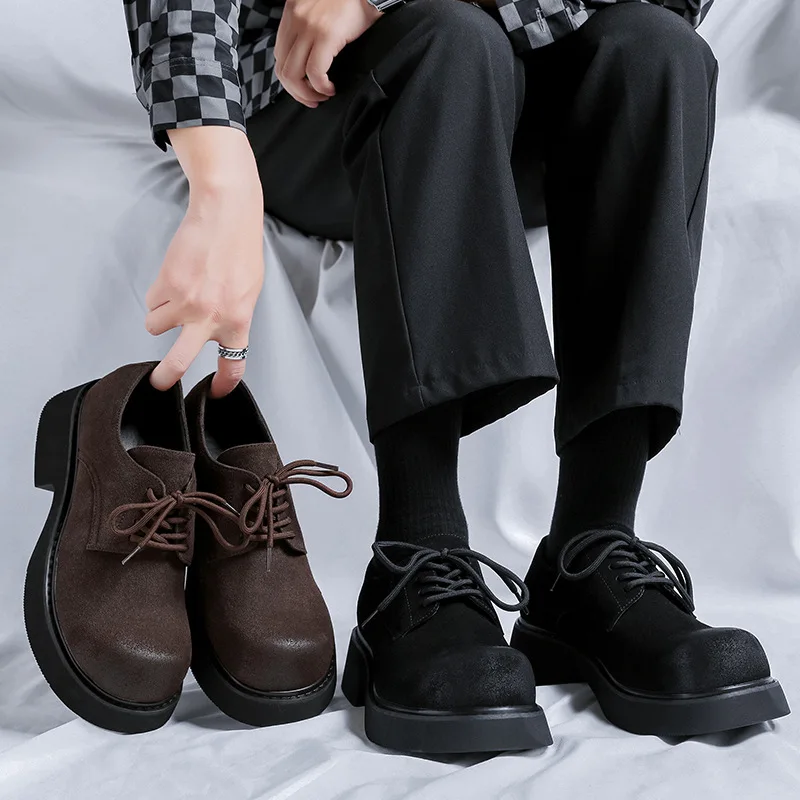 New Vintage British Men Cow Suede Shoes Spring Autumn Men Loafers Height Increasing Man Zapatos Hombre Dress Wedding Oxfords image 3