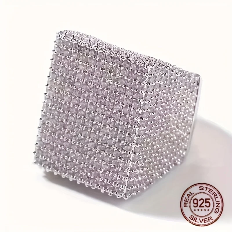 2025 New Arrival Luxury 925 Sterling Rings For Men Exaggerated Wide Version Rectangle Zircon Iced Out Pinky Hip Hop Ring
