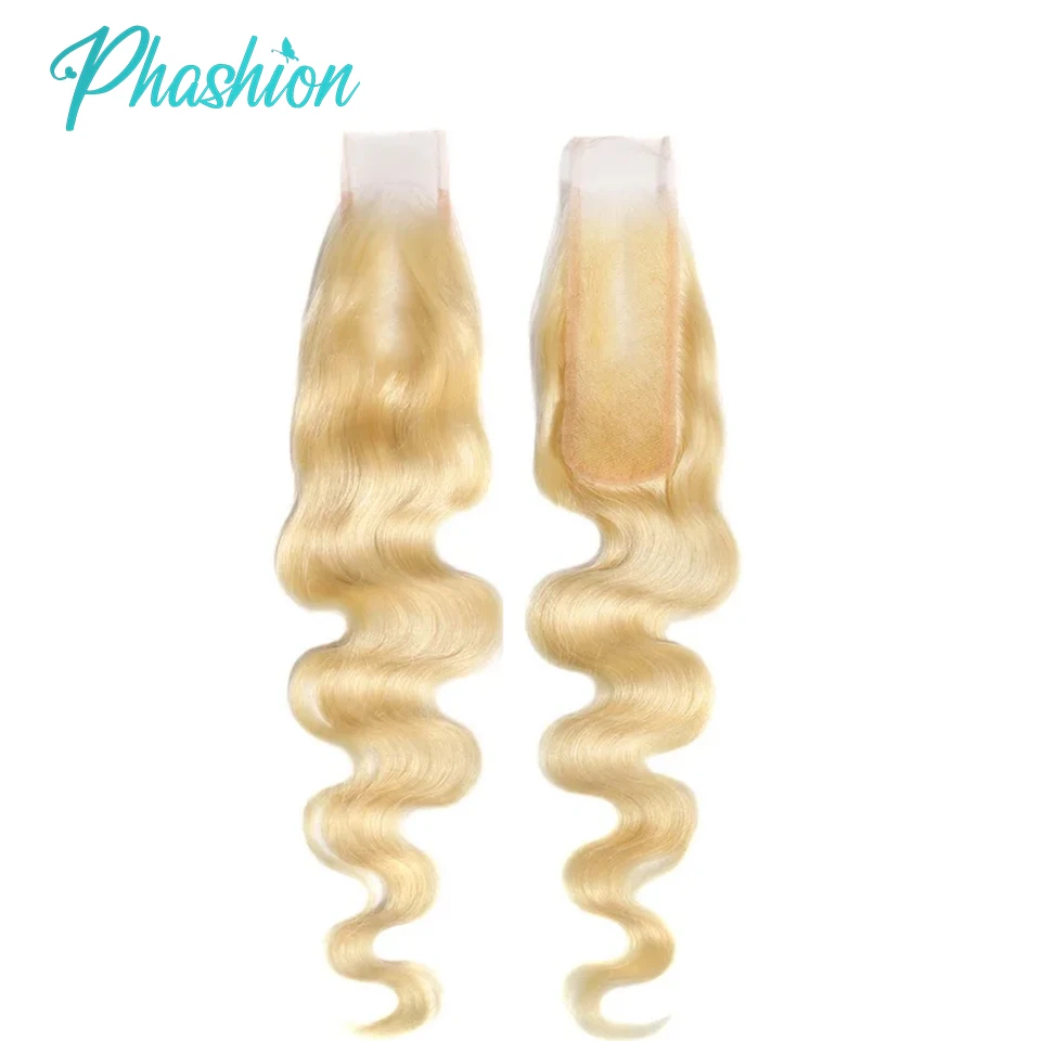 Phashion Cabello Humano Remy brasileño para mujer, accesorio capilar liso con cierre de encaje transparente Hd, 613, 2x6, color rubio, Kim K