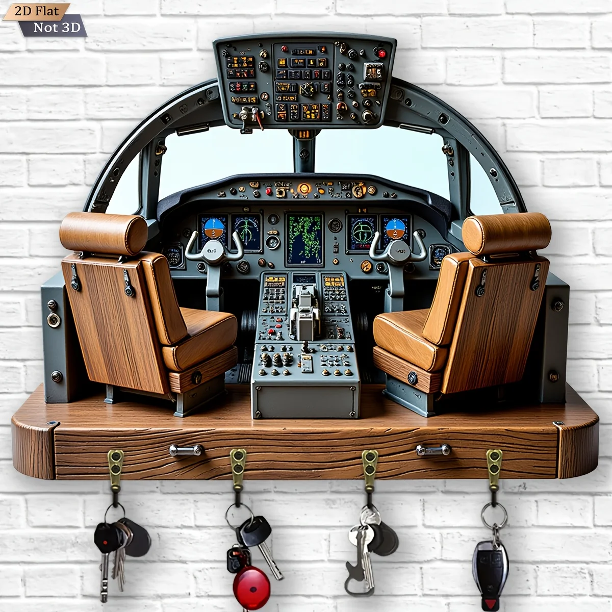 2D Flat, 1pc, Airplane Cockpit Theme Style Key Hook Wooden Multifunctional Home Key Holder with Four Metal Hooks, Wall