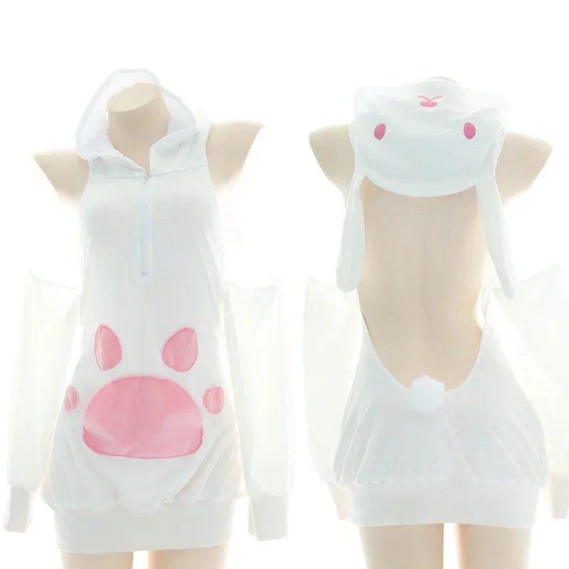 Anime Cute Bunny Girl Cosplay Costume Women Sexy Cats Paw Backless Hoodie Bodysuit Kawaii Plush Sweater Hooded Pajamas Underwear