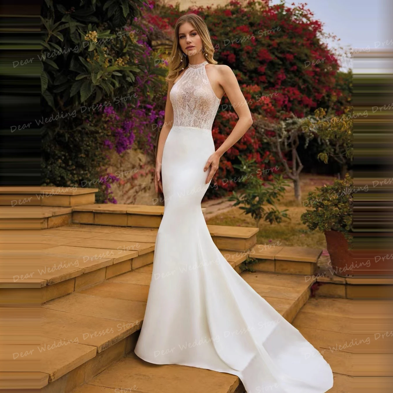 

2024 Luxury Bohemia Wedding Dresses Mermaid Sexy High Neck Appliques Women's Bridal Gowns Sleeveless Satin Sweep Train Vestidos