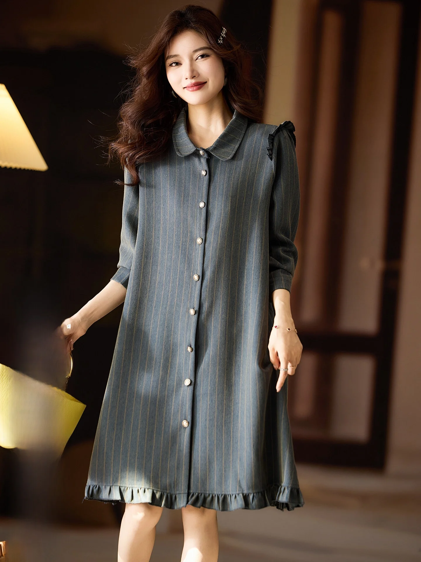 

Ele Striped Dr with Wood ain for Women Spring 2026 Large Size A-Line Skirt Street Sle Breathable Polyester Blend