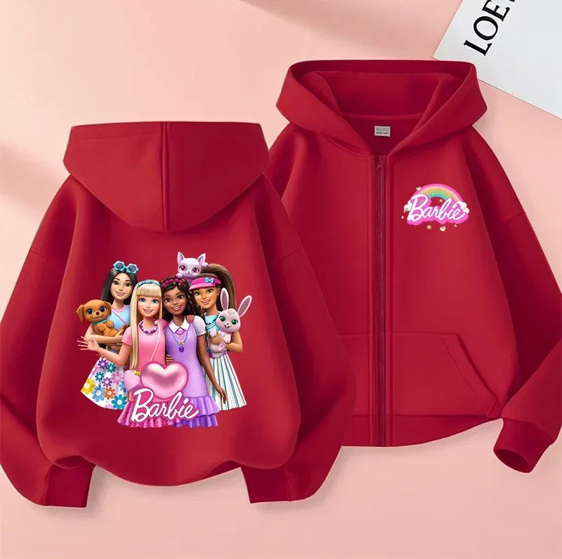 Kawaii Meme BarbieCasual Hoodie Barbie Jacket for Boys Girls Zipper Winter Autumn Kids Warm Cartoon Sweatshirts Zip Up Hoody