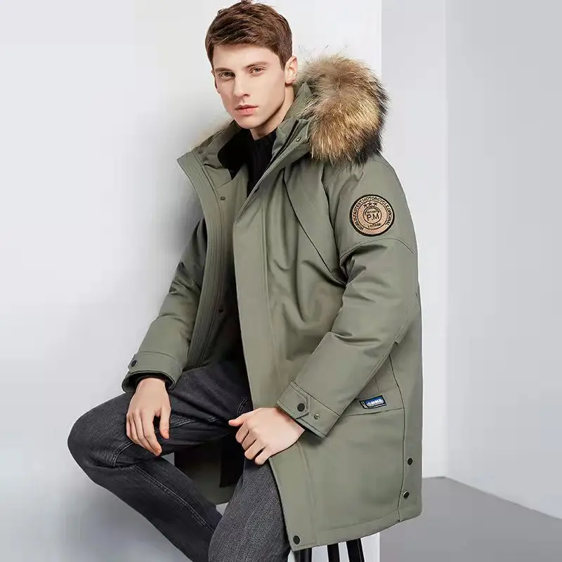 2023 zimowa modna modna ocieplana męska codzienna kurtka puchowa z futro z kapturem kołnierzem markowa wysokiej klasy męska kurtka puchowa ArmyGreen
