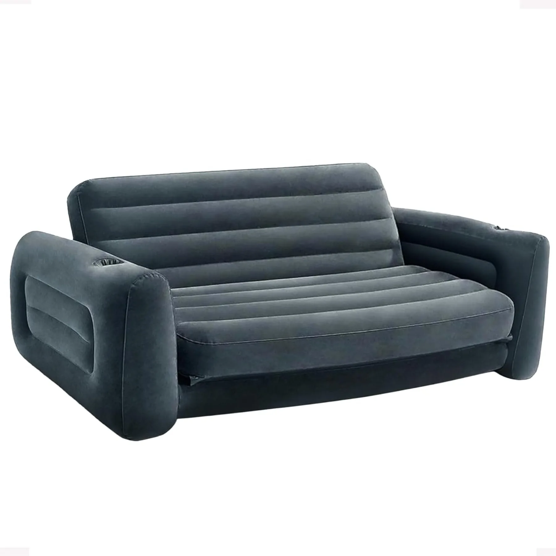 

Inflatable Pull-Out Sofa: Velvety Surface, Cupholder, 46" x 88" x 26" - Blow-Up Couch and Folding Queen Size Air Mattress Bed