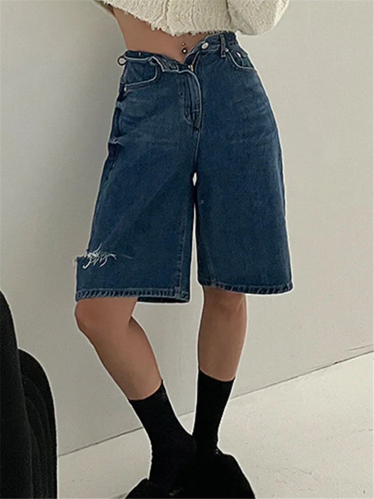 Realeft vintage oco para fora denim meia calças 2023 novos bolsos de verão cintura alta casual feminino calças jeans retas shorts senhora