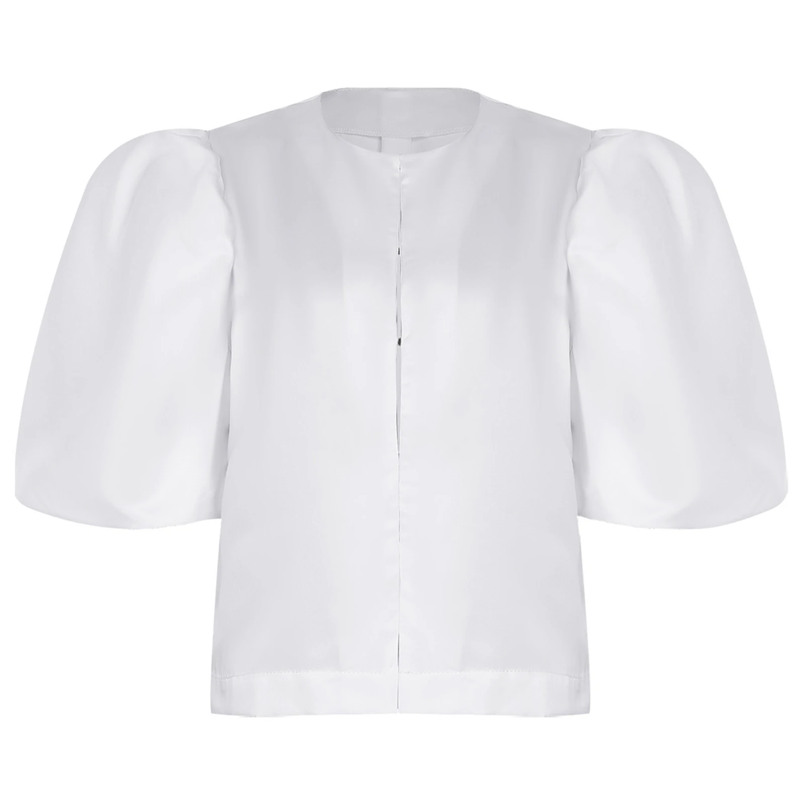 Jaket Wanita Mantel Warna Solid Blus Satin Lengan Pendek Mengembang Kemeja Cardigan Pendek untuk Kerja Kantor Makan Malam Perjamuan Atasan Wanita