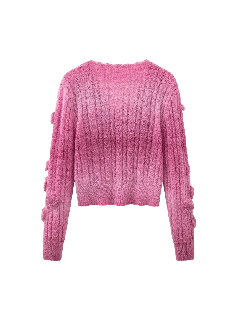 2024 Pink Explosive Vintage Knitted Sweater Heavy Industry Three-dimensional Rose Flower Design Sweater Long Sleeve Jacket Women