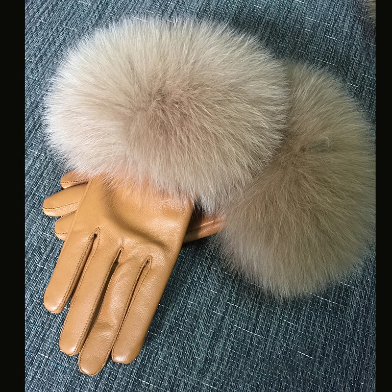 Chic Camel Color Real Big Fox Fur Women\'s Sheepskin Gloves Winter Plus Velvet Female Cycling Drive Warm Genuine Leather Gloves