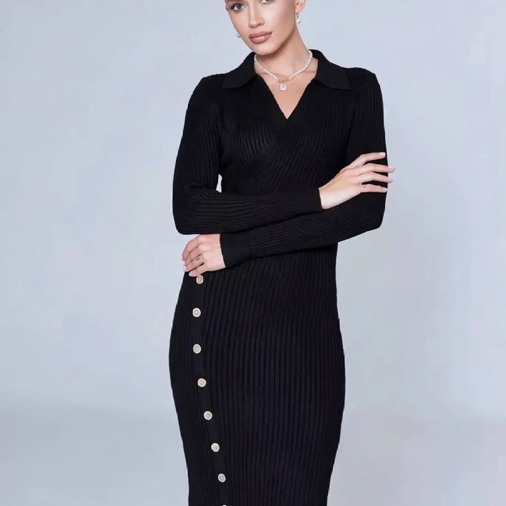 Autumn Winter Slim Knit Dress Womens Long Sleeve Polo Neck Bodycon Sweater Dress Soft Stretchy Casual Elegant Knitwear