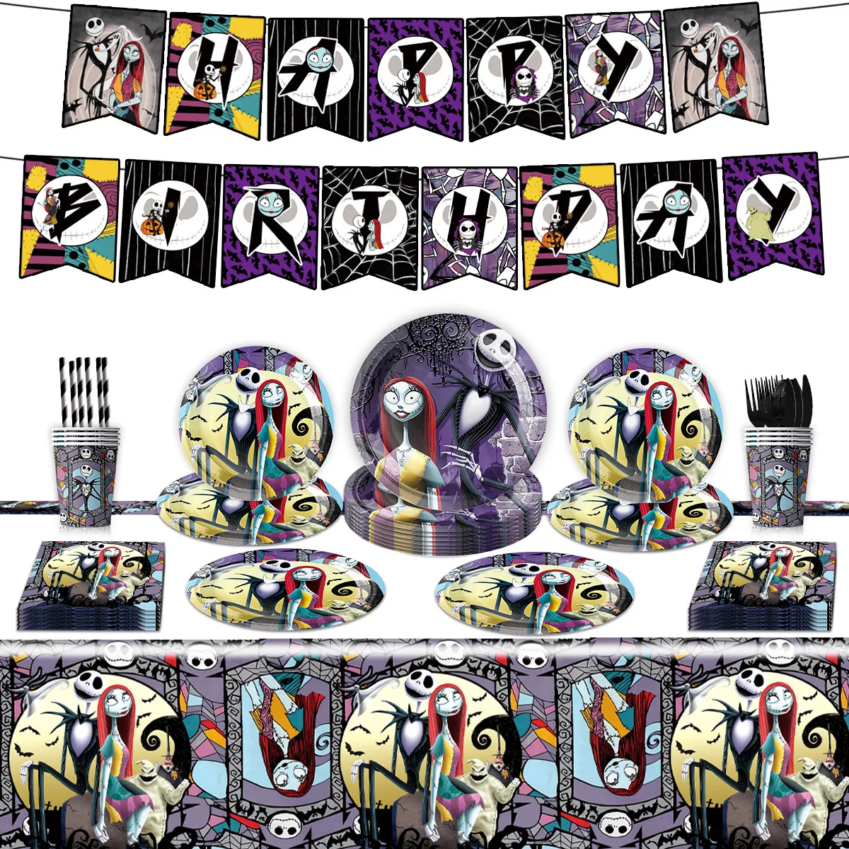 

Halloween Nightmare Before Christmas Themed Party Decoration Disposable Cutlery Paper Cup Tablecloth Banner Ornament Set