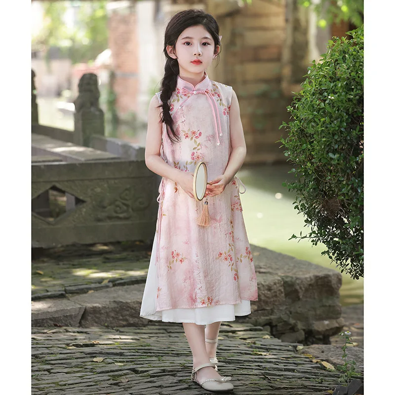 Girls' dress cheongsam new Chinese summer style floral princess dress, little girls' performance outfit