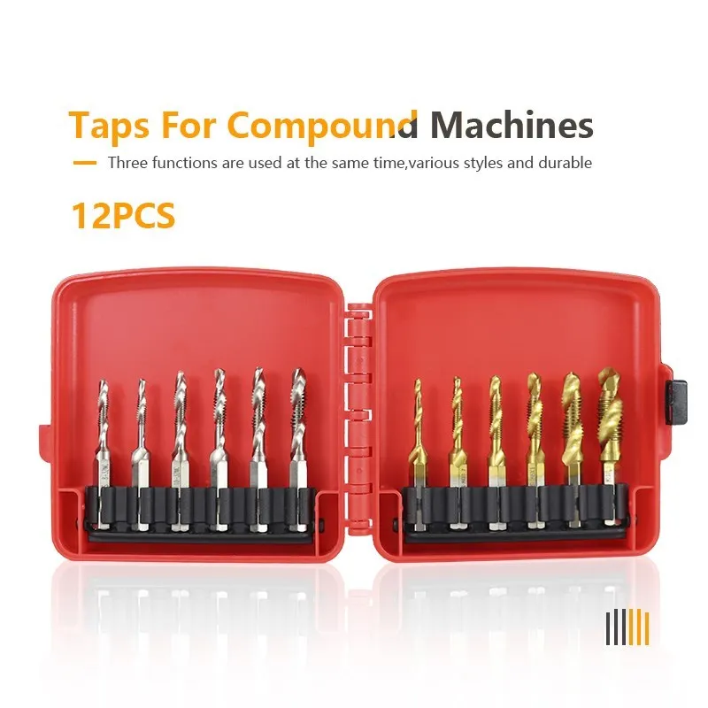 12pcs HSS Screw Thread Tap Drill Bits Set 1/4" Hex Shank Screw Spiral Point Thread Drill Machine Taps With Box Hand Tools