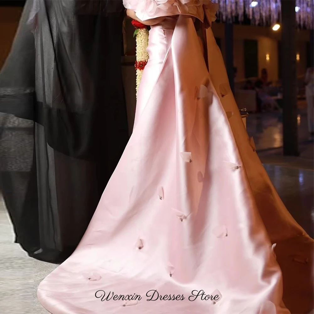 Fashion 3D Flowers Evening Dresses Elegant Off the Shoulder Pink Satin Customized Celebrity Gowns Special Occasion Gowns