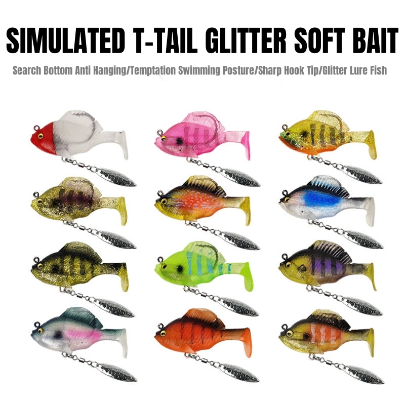 10/14g Long-Range Anti Hanging Bottom T-Tail Lures with Rotating Sequins Simulation Bouncing Fish Soft Bait Fishing Bait