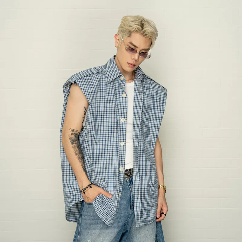 HKSH Cotton Plaids Structured Shoulder Pad Sleeveless Shirt Versatile Loose Casual Vest Summer New Men Tide Tank Top Ins HK21891