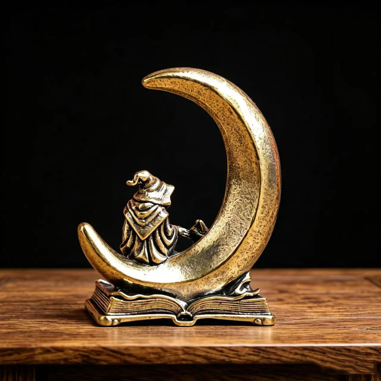 Brass Moon Witch Decoration Statue Ornament with Cat, Vintage Metal Witch Figurine, Halloween Desk Ornament, Collection & Gift. - view 2