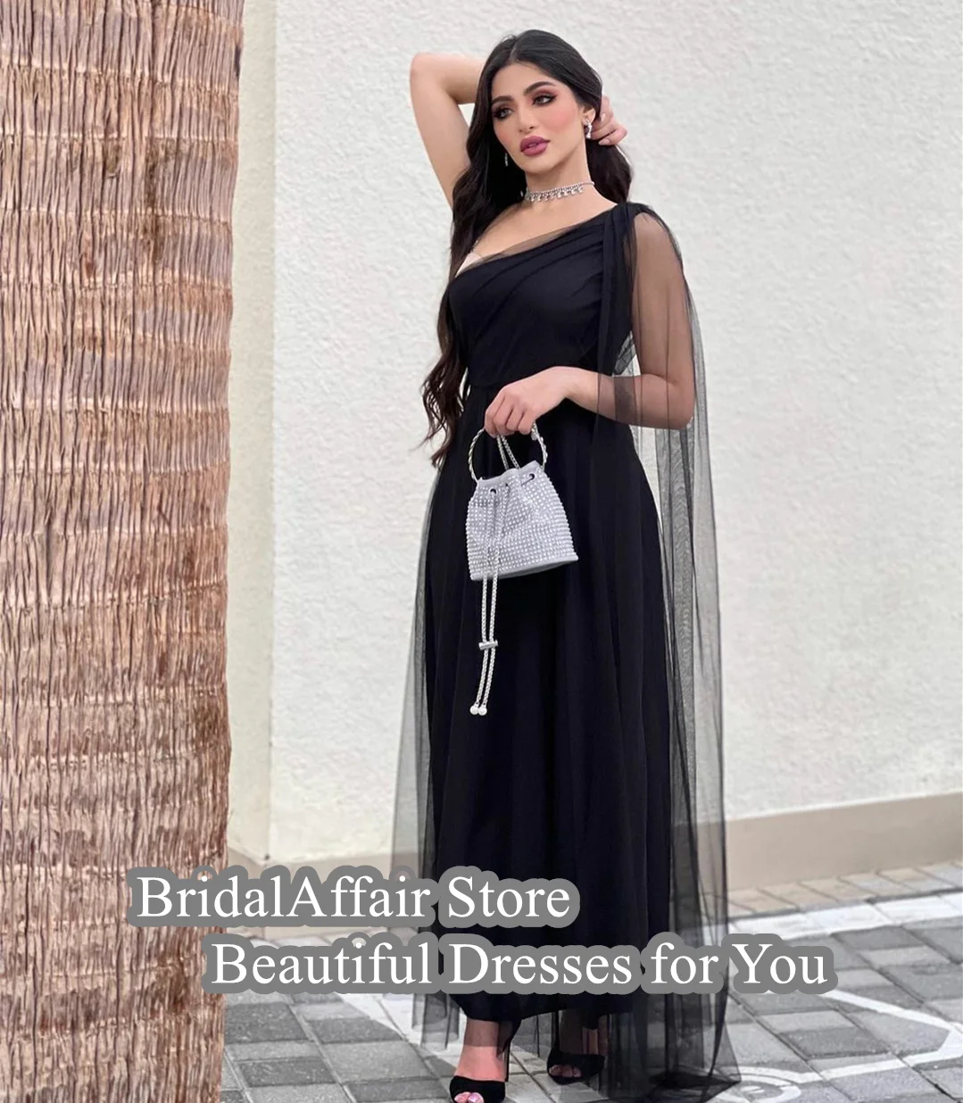 BridalAffair Elegant Long One Shoulder Tulle Evening Desses A-Line Black Pleated حزب اللباس Ankle Length Prom Dresses for Women