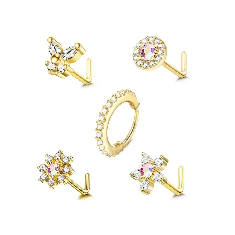 الفولاذ المقاوم للصدأ الأنف خواتم للنساء والفتيات ، مسمار الأنف ، مسامير الأنف ، فراشة ، زهرة ثقب المجوهرات ، L على شكل ترصيع ، 20 جرام ، 5 قطعة