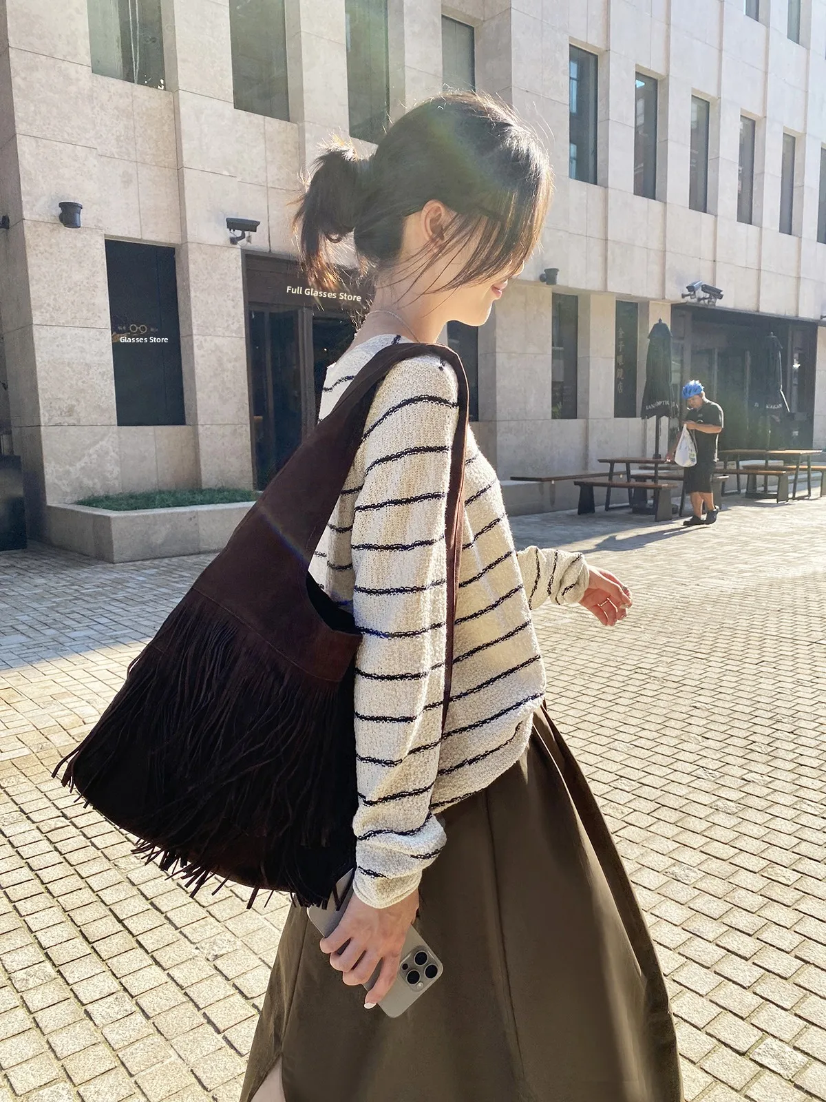 

Утягивающий корейский шерстяной полосатый трикотаж V-Ne Long Sve, свободный крой, топ для женщин, осенний сезон, модный тренд