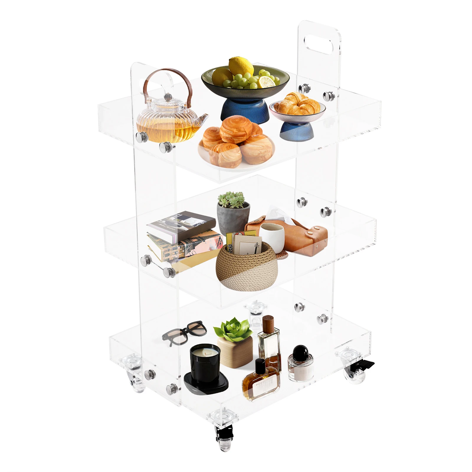 3-Tier Acrylic Utility Rolling Cart 11lbs, Clear Storage Cart with Wheels, Multifunction Organizer for Kitchen Bathroom Office
