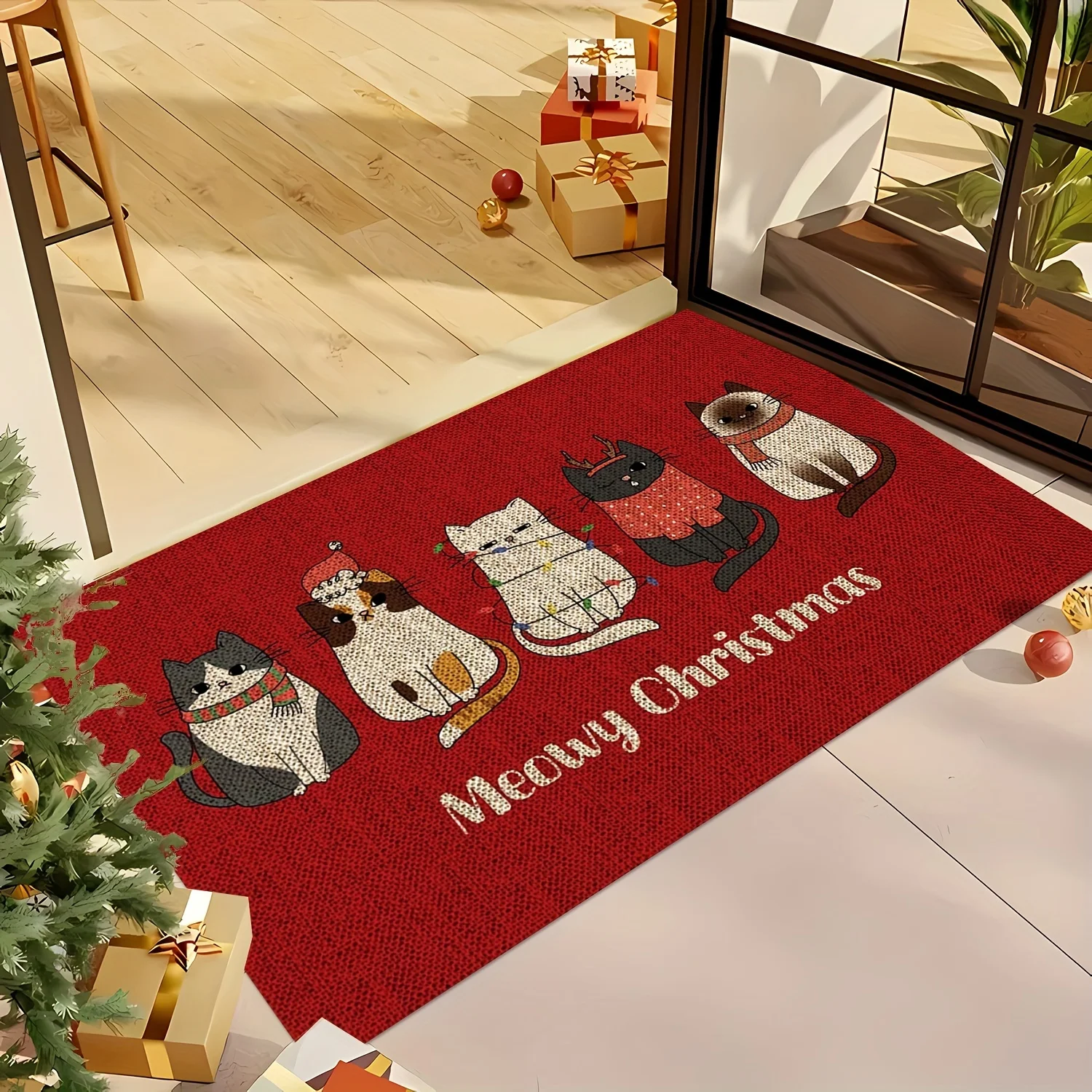 VIKAMA-alfombrilla de puerta con tema navideño, alfombrilla de entrada antideslizante de gato Adorable, absorbente de agua, polvo, alfombrilla decorativa navideña para pies