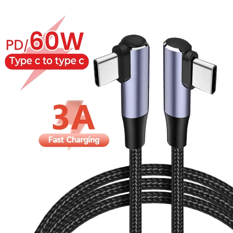 

60W PD USB C to Type C Fast Charger Cable Elbow Quick Charge 4.0 3.0 USB-C Type-C Charge Data Sync Cable USBC Mobile Phone Cord