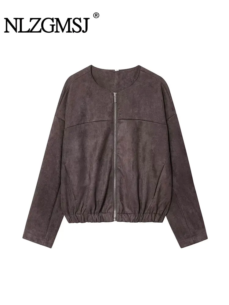 

NLZGMSJ 2025, осенняя новая куртка, модные куртки с длинными рукавами и украшением на молнии для женщин, однотонная куртка с круглым вырезом, повседневная уличная одежда