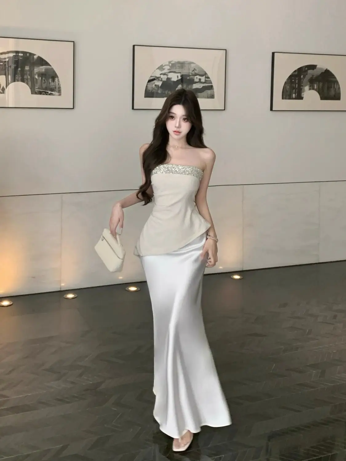 

Celebrity Women Sequins Strapless Irregular Tank Top Female Elegant High-waisted Mermaid Skirt Banquet Luxury Two Pieces Set