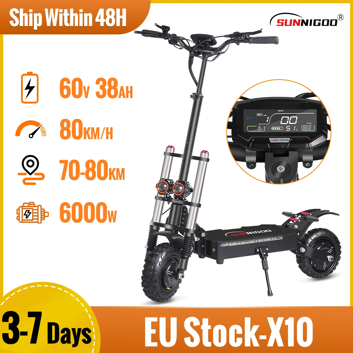 SUNNIGOO X10 Dual-Motor 6000W Leistungsstarker Elektroroller 60V 38Ah Höchstgeschwindigkeit 85km/h 100km Reichweite 11'' Reifen Doppelte Stoßdämpfung Hydraulische Bremsen Multi-Bremssystem Faltbarer