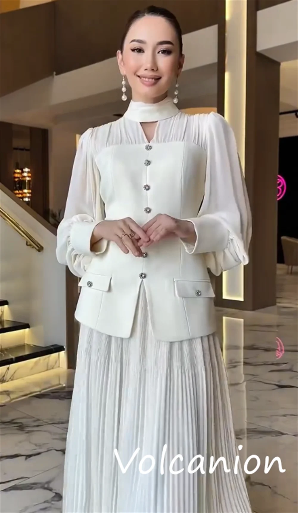 Personalizado de alta qualidade chiffon bolso plissado botão a linha colarinho midi vestidos sob medida ocasião correspondência