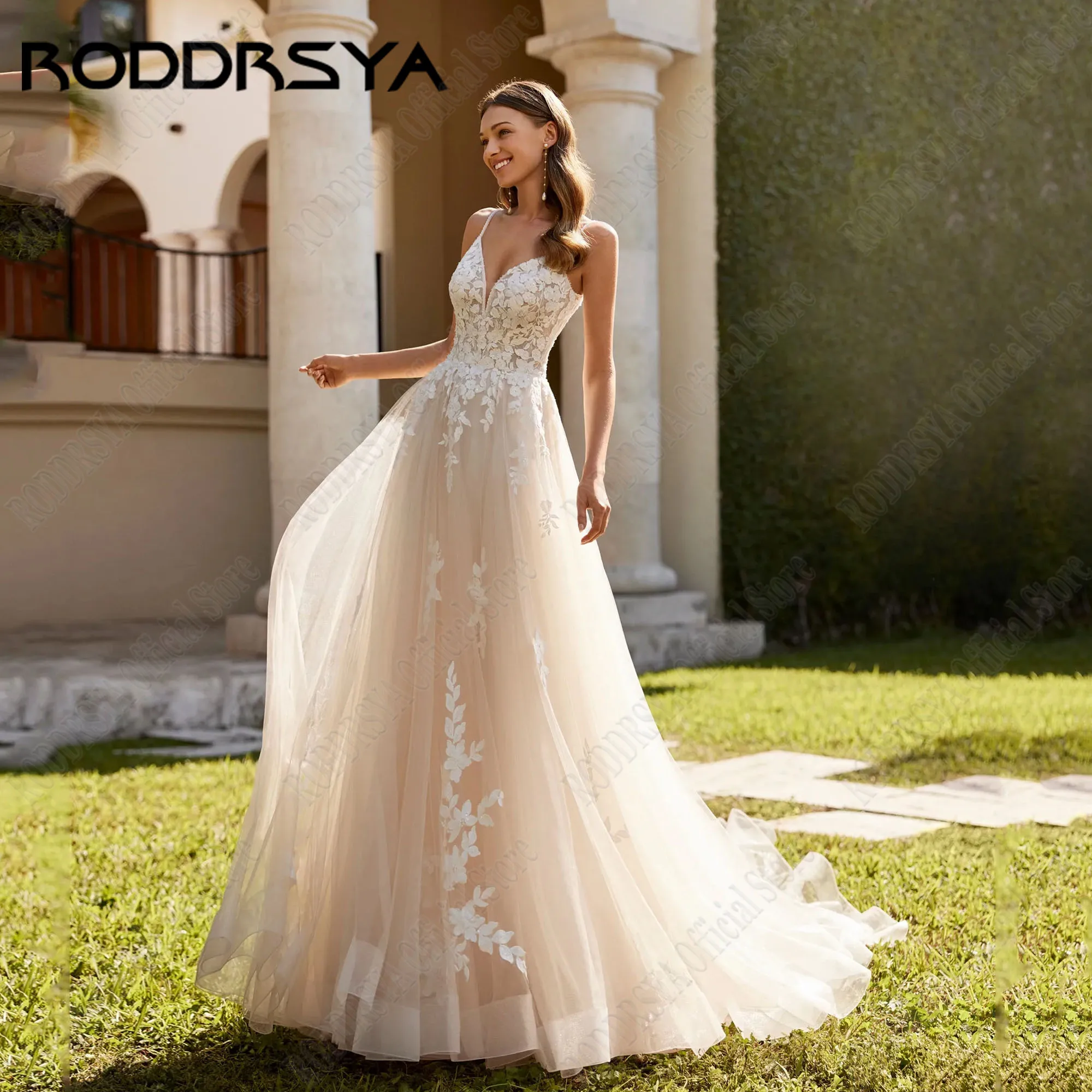 

RODDRSYA V-Neck Beading Wedding Dress A-Line Spaghetti Straps Applique Backless Robe De Mariée Bride Gowns Sleeveless Tulle