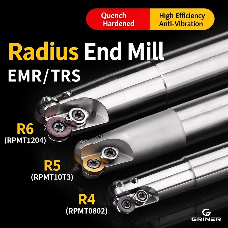 GRINER EMR Bull Nose Milling Cutter Holder Anti‑Vibration Hardened Extended Length For CNC Machining Center, R6 Insert Holder 20