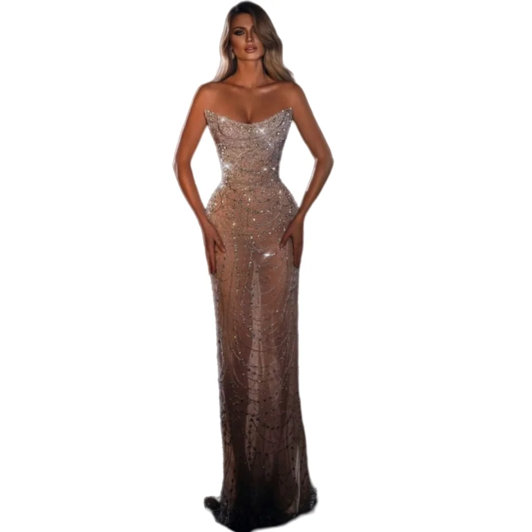 Beaded Illusion Sheath Long Prom Dress Without Sleeves Sparkle Tulle See Through Women Evening Dresses Custom Luxury Party Gown