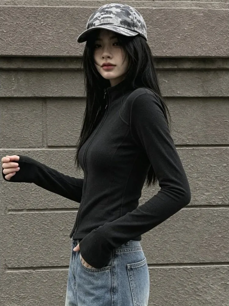 Slim Fit Double Zipper Stand Collar Base Shirt Women's Fashion Korean Style Long Sleeve Antibacterial Polyester Fiber T-Shirt