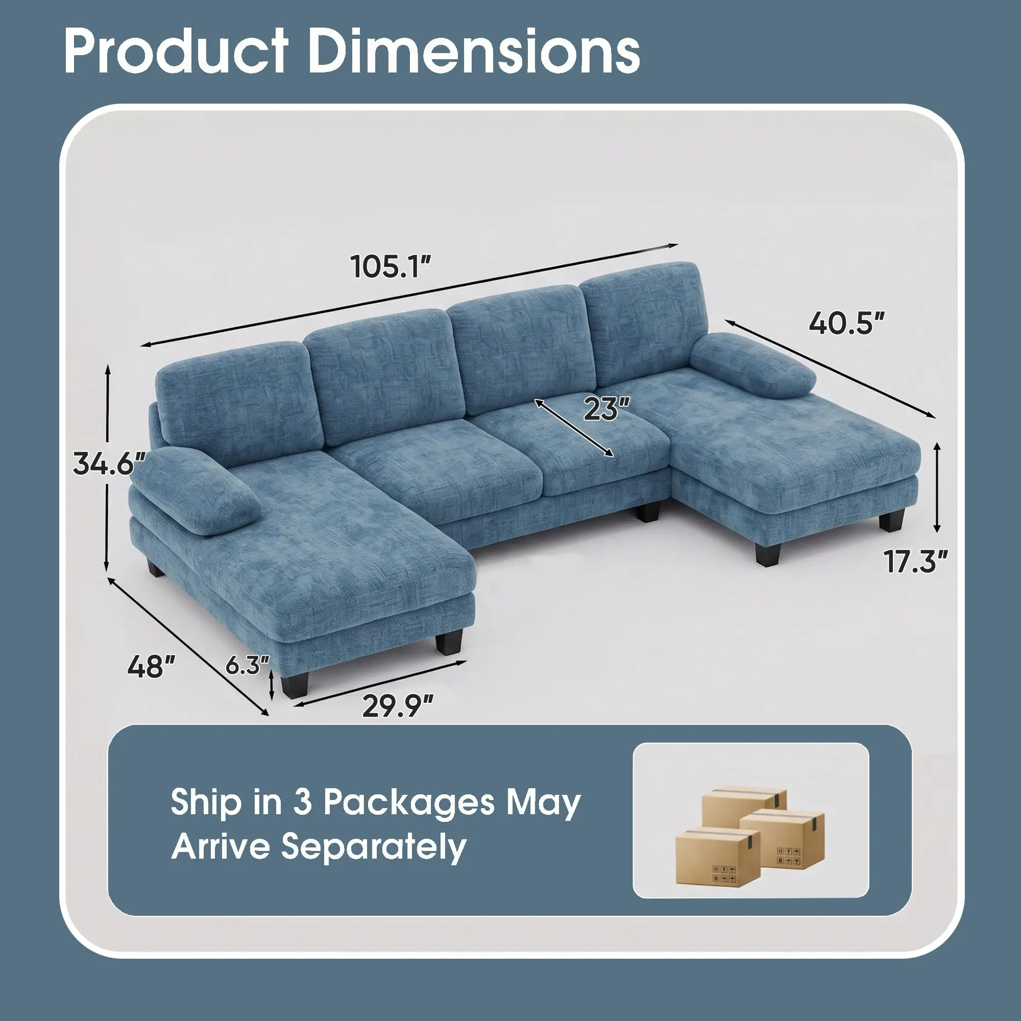 U-Shaped Convertible Sectional Sofa Couch,Fabric, Blue