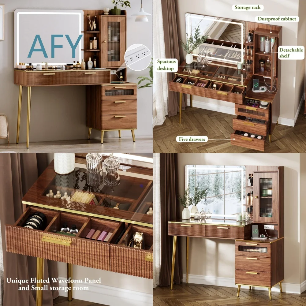 American Style 5 Drawer Dresser with Open Shelf Power Socket for Home Office Bedroom Living Room Storage Furniture