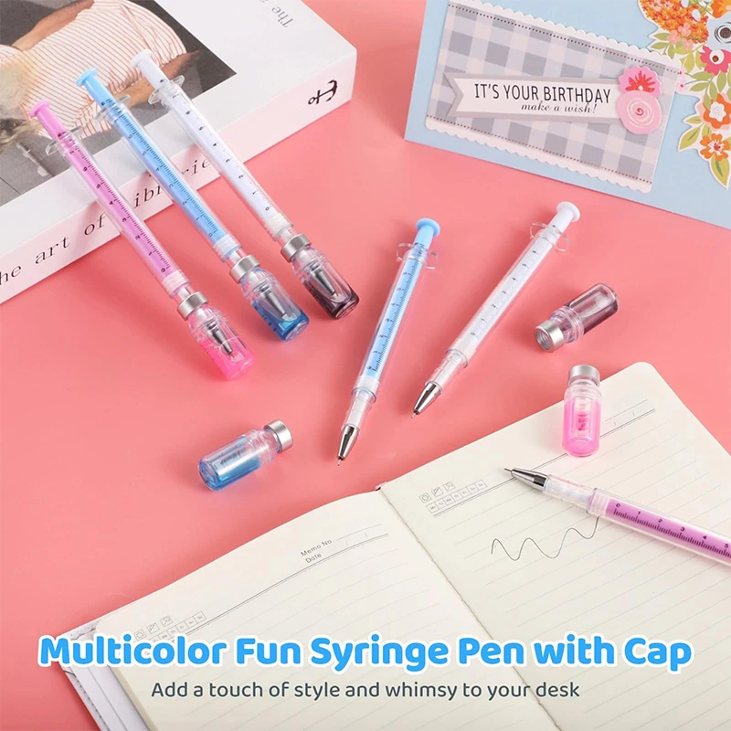 12Pieces Syringe Pens, 0.5mm Black Ink Syringe Pen, Gel Pen with Cap, Multicolor Fun Nurse Pens,School Novelty Pens