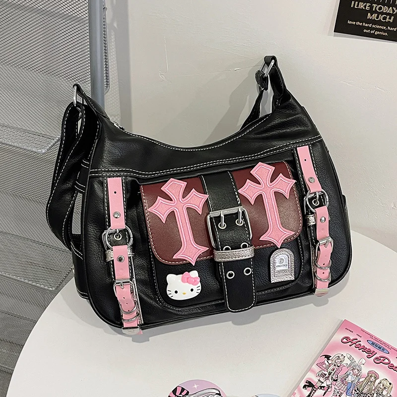 

Hello Kitty Gothic Punk Vintage Crossbody Bags Pink Cross Chains Shoulder Bag Cute Hot Girl Handbag Y2K Trend Tote Bag Girl Gift