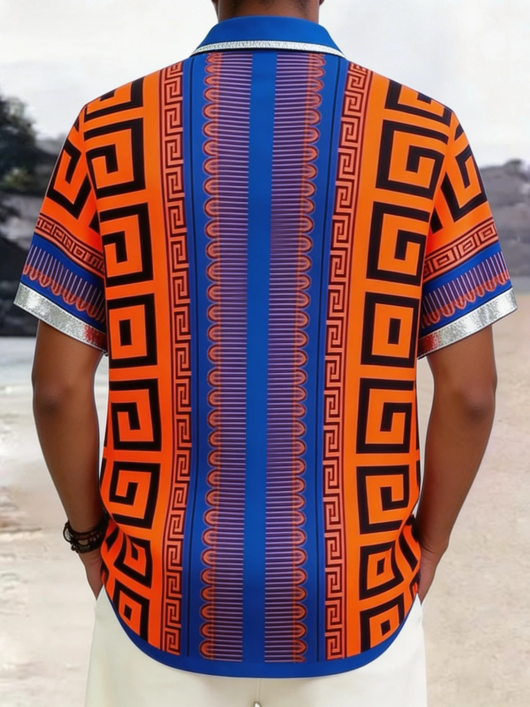 Men Short Sleeve Button Down Shirt Orange Blue Greek Key Geometric Tribal Print Polyester Casual Holiday Blouse