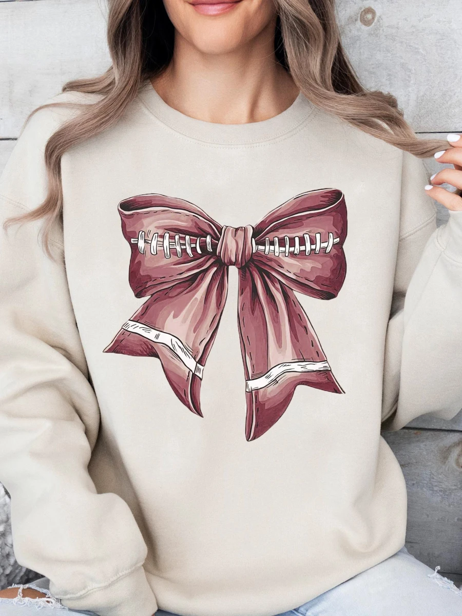 Women s Loose Sweatshirts Bowknot Print Round Neck Long Sleeve Pullovers Fall Winter Casual Tops