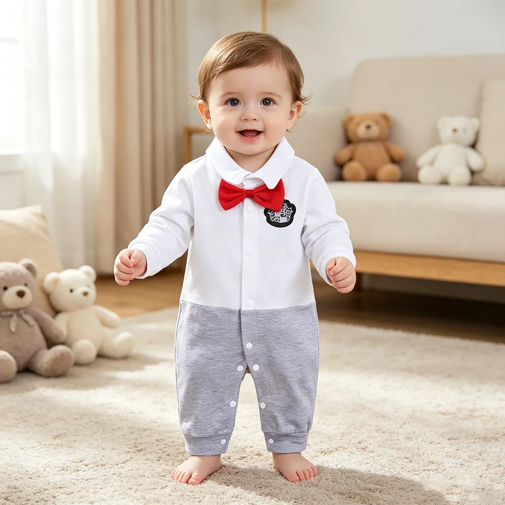 Newborn Baby Boy Gentleman Romper Long Sleeve Tuxedo Style Formal Wear Autumn Outfits Jumpsuit with Red Bow Tie Baby Party Dress