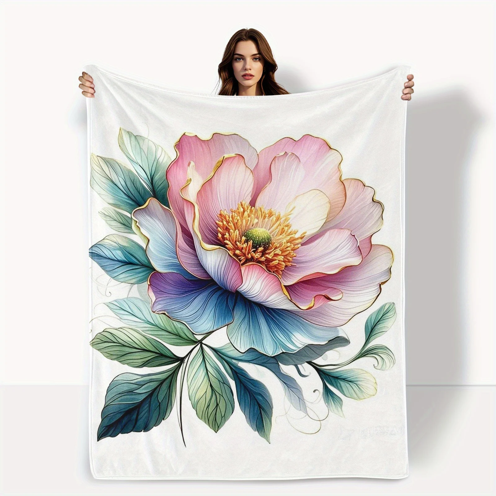 Luxurious Peony Floral Blanket - Gilded Blue & Pink Peonies on White, Flannel All-Season Soft Throw, Lightweight & Breath