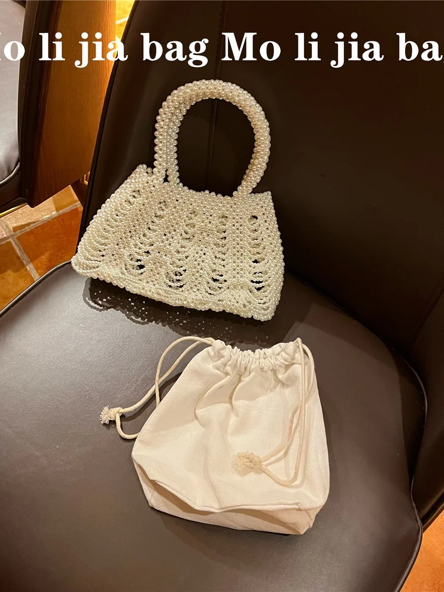 FIRMRANCH Retro French Hollow Wave nappa Fan Design borsa di perle intrecciate a mano borsa da banchetto portatile da donna con perline trasparenti