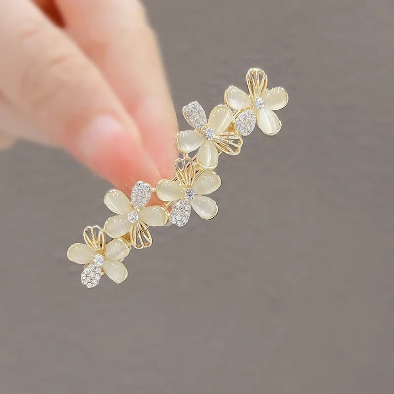 Premium Rhinestone Spring Hair Clip Half Up Back Head Horizontal Barrette Top Pin for Women Elegant