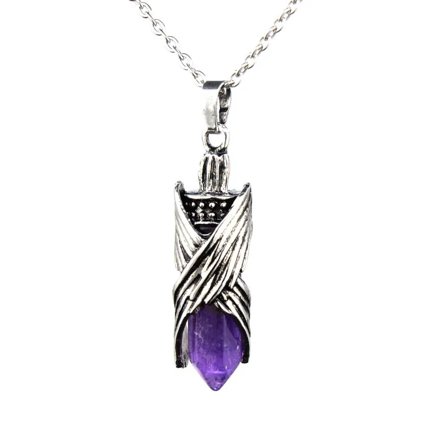 Crystal Archangel Angel Necklace Natural Amethyst Lapis Lazuli Hexagon Prism Tiger Eye Stone Pendant Silver Color Chain Jewelry